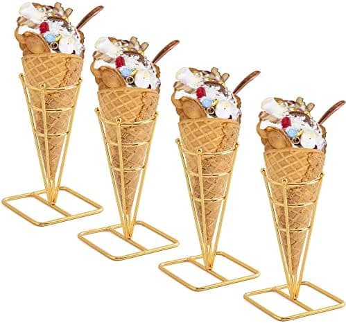 BLBYHO Single Metal Gold Ice Cream Cone Holder Stand, Individua Waffle Cone Holder Sushi Hand Roll Stand for Standard Size Ice Cream Cones Appetizer Charcuterie Cones, Sugar Cones, Sushi (4 Pack)