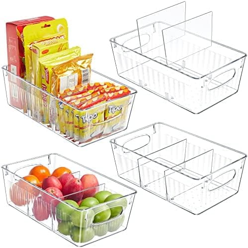 Kootek Refrigerator Organizer Bins with Removable Dividers, Freezer Organizer Bins Clear Pantry Organization and Storage Bins, Plastic Stackable Food Storage Bins for Fridge, Kitchen, Cabinet (4 Pack)
