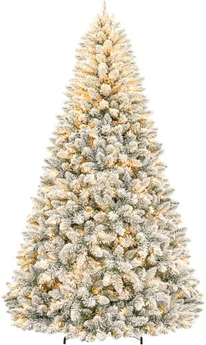 Hykolity 7.5 ft Snow Flocked Christmas Tree, 1446 Tips Artificial Christmas Tree with 450 Warm White Lights, Metal Stand and Hinged Branches