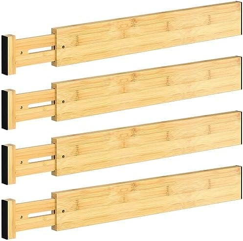 DUCOO 4 PCS Drawer Divider, 17"-22" Adjustable Bamboo Drawer Dividers Organizers, Expandable Separators for Kitchen, Clothes, Dressers, Home, Office