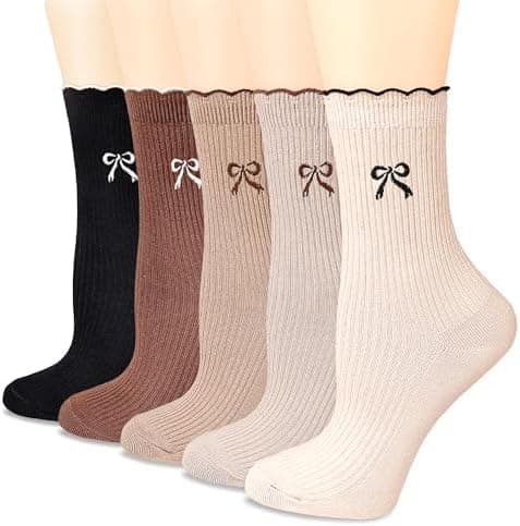 bropapa Womens Crew Socks Ankle Ruffle Socks Fashion Cotton Dress Sock Cute Embroidery Casual Socks 5Pack