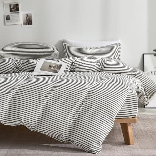 JELLYMONI 100% Natural Cotton 3pcs Striped Duvet Cover Sets,White Duvet Cover with Grey Stripes Pattern Printed Comforter Cover,with Zipper Closure & Corner Ties(Queen Size)