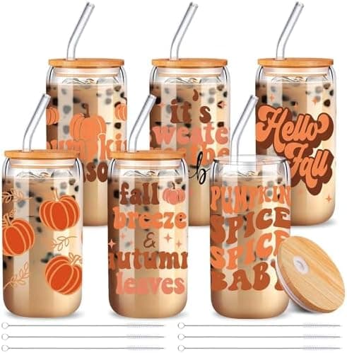 SiliFine 6 Pcs Fall Drinking Cups 16 oz Pumpkin Glass with Bamboo Lid and Glass Straw Autumn Maple Leaves Can Shaped Mason Jars Iced Coffee Cups for Fall Party Thanksgiving Gift