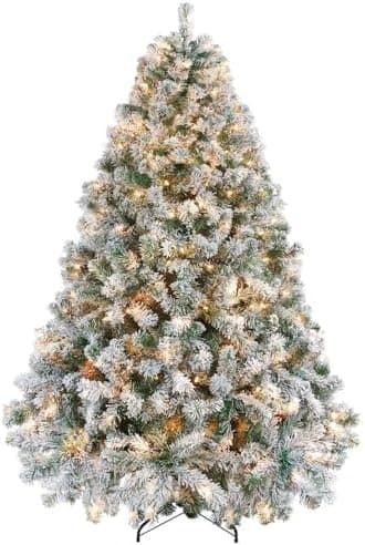 Yaheetech 6ft Snow Flocked Pre-lit Christmas Tree with 250 Warm White Lights, 820 Lush Branch Tips & Quick-Assembly Hinged Design, Full Artificial Xmas Tree for Winter Holiday Décor, Green & White