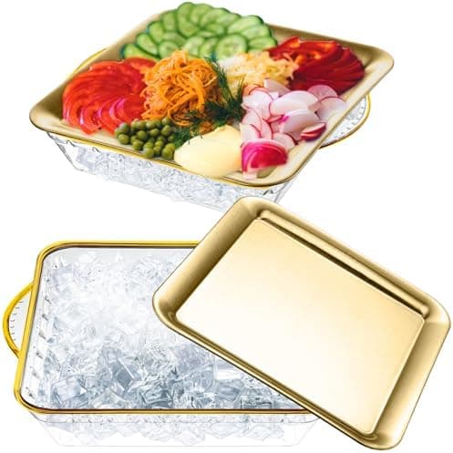 Baderke 2 Sets 9" Chilled Serving Tray for Parties with Compartments Square Ice Chilled Charcuterie Party Platter Serving Cold Dish for Shrimp Fruit Seafood Vegetable Appetizer Dish (Gold)