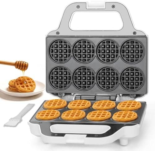 SugarWhisk Mini Waffle Maker Machine, Tiny Waffle Bites Iron for Kids, Bake 8 x 2'' Tiny Waffle Bites, Small Waffle Maker, Compact & Easy Use, Non Stick Surface, Recipe Included, White