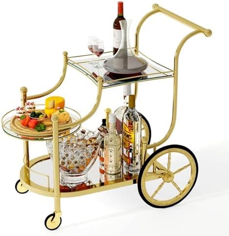 Tangkula Bar Cart, 3-Tier Rolling Home Bar Serving Cart with Mirrored Shelves & 4 Wheels, Mobile Beverage & Wine Cart for Kitchen, Dining Room, Living Room (Gold)