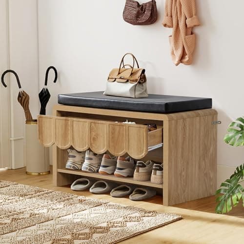 Shoe Storage Bench with Cushion, Shoe Rack Organizer Cabinet Bench with Wave Panel Drawer and Open Shelf for Entryway, Hallway, Living Room (Natural)
