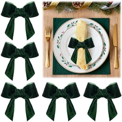Green Velvet Bow Christmas Napkin Rings Set of 6 - Beautiful Napkin Holder Rings for Holiday Dinner Table Decorations