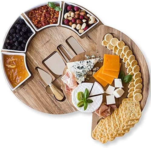 ChefSofi Charcuterie Board Set and Cheese Serving Platter - Made from Acacia Wood - US Patented 13 inch Cheese Board and Knife Set for Entertaining and Serving - 4 Knives and 4 Bowls