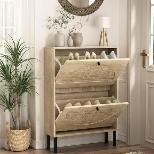 Angel Sar Rattan Shoe Cabinet with 2 Flip Drawers, Narrow Shoe Storage Cabinet for Entryway, Slim Shoe Organizer with Metal Legs, Natural Wood