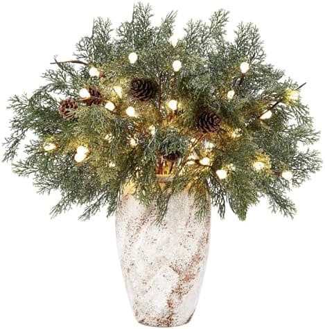 Tigeen 20 Pcs Christmas Cedar Branches with Lights Set Includes 12 19.7 Artificial Cedar Stems 2 Lighted Branch 6 Pinecones Faux Greenery Pine Picks for Vase DIY Crafts Xmas Home Decoration