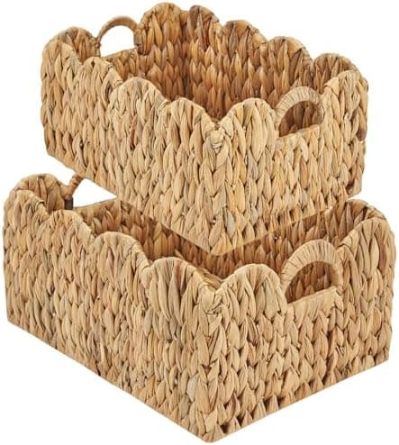 FairyHaus Wicker Basket 2Pack, Handwoven Scalloped Wicker Storage Basket with Handles, Natural Water Hyacinth Woven Bakests for Storage, Large and Small Rectangle Basket, 15 x 11 x 7" & 13 x 9 x 6.5"