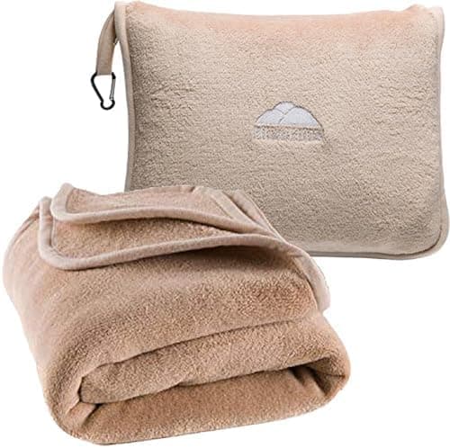 BlueHills Premium Soft Tall Travel Blanket Pillow for Airplane Traveling Essentials Long Flight Trip Throw in Bag case with Backpack Clip Compact Large Plane Accessories Beige T053