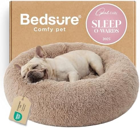Bedsure Calming Dog Bed Medium Size Dog - Donut Washable Medium Pet Bed, 30 inches Anti-Slip Round Fluffy Plush Faux Fur Cat Bed, Fits up to 45 lbs Pets, Camel