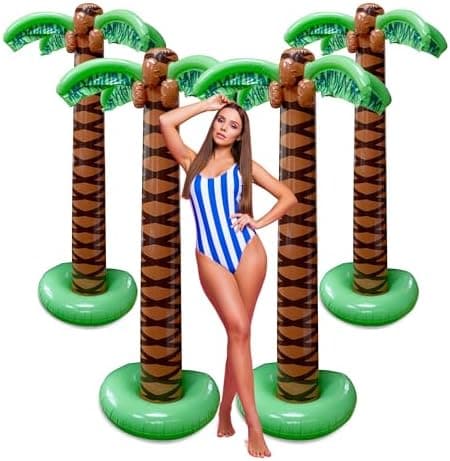 Playbees Giant Inflatable Palm Tree 6 Foot - 4PK - Beach Party Decorations for Summer Luau Themed Pool Party, Tropical Hawaiian Blow Up Palm Tree Favors - Poolside Ambiance, Easy Inflation