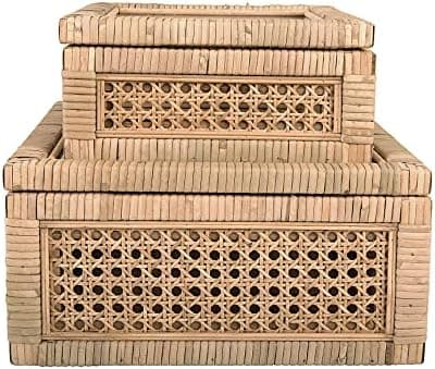 Creative Co-Op Modern Decorative Square Woven Rattan and Wood Display Boxes with Glass Top, Set of 2 Sizes, Natural Finish