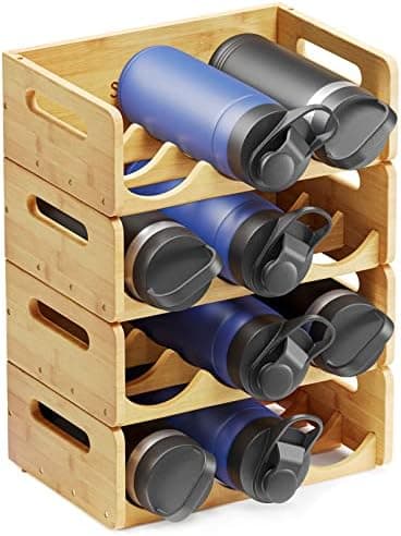 SpaceAid Bamboo Water Bottle Organizer with Labels, Kitchen Pantry Water Bottle Storage Rack for Cabinets, Home Cup and Wine Bottle Holder Shelf Organizers, 4 Pack 3-Slot, Hold 12 Bottles