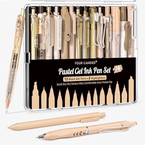 Four Candies Writing Ink Pens with Black & Brown Ink and 2Pack Highlighter, Retractable 0.5mm Smooth Fine Point Pens,Brown Pens for School, Office Girly Stationery Aesthetic Desk Accessories Set of 14