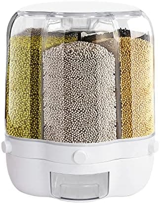PIOJNYEN Grain Dispenser, 360° Rotating Grain Storage Food Dispenser with Lid Moisture Resistant Household, Upgrade 6 Compartment Rotating Rice Dispenser Storage Container for Small Grains, Beans