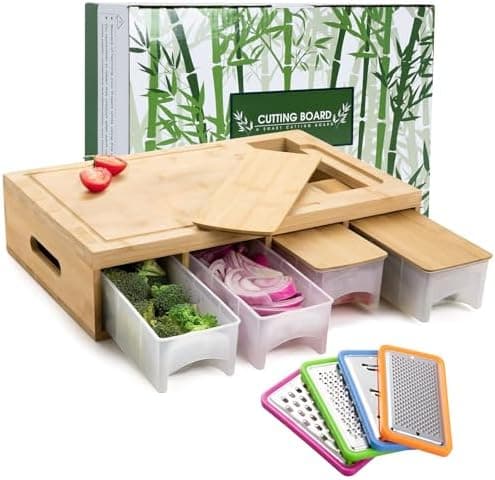SHINESTAR Bamboo Cutting Board with Containers, Sturdy Meal Prep Station for Kitchen, Mothers Day Gifts, Includes 4 Graters, 4 Trays with Lids - Easy Food Storage, a Good Partner in the Kitchen