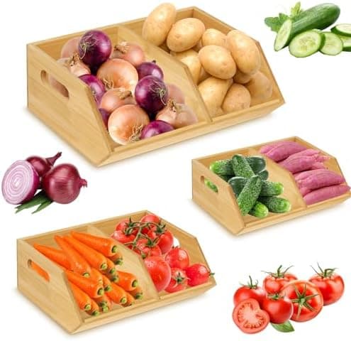 Barydat 3 Pcs Onion and Potato Storage, Bamboo Pantry Organizer, Ideal for Pantry, Stackable Pantry Organizers and Storage, Countertop, and Vegetable Storage for Kitchen