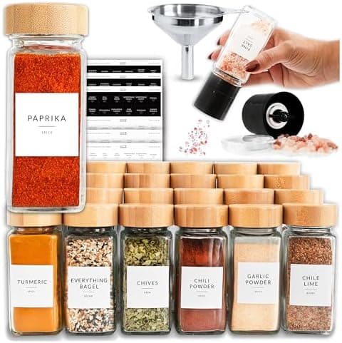 SAVVY & SORTED Glass Spice Jars with Label, 24PK Bamboo Jar Spices Set 4oz, 374 Spice Labels, Pepper Grinder, Empty Herb Seasoning Containers, Funnel and Shaker Lids