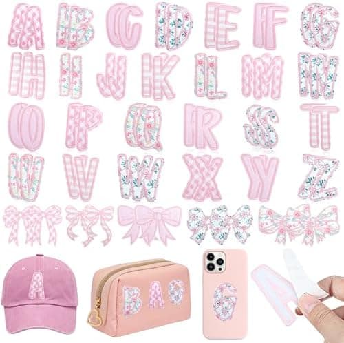 NICEVINYL Self-Adhesive Letter Patches for Kids: 62Pcs Pink Letters Fabric Stickers Patches for Bags - Cute Bows Patch Stick on Clothing Jackets Jeans Backpacks Hats DIY Accessories