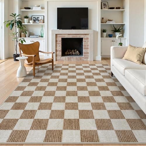LIVEBOX 8x10 Area Rugs for Living Room, Checkered Non-Slip Washable Rugs, Farmhouse Neutral Classic Geometric Pattern Large Boys Area Rug for Bedroom, Carpet for Dining Room Office(Brown,8'x10')