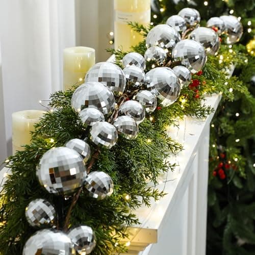 Dingion 6 ft Disco Ball Garland - New Year Eve Party Decor Disco Ball Ornament Reflective Silver Mirror Balls for Retro New Year Party Supplies Decorations Indoor Outdoor Photo Props
