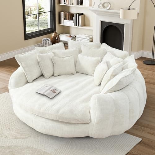 81" Round Sofa Bed Big Bean Bag Round Chaise Lounge Oversized Round Couch Boneless Reading Chair Plush Fluffy Chenille Large Chaise Chair for Living Room, Bedroom, Apartment, Beige