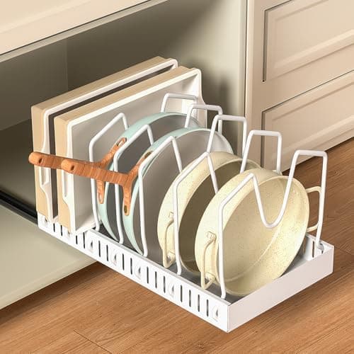 GoMaihe Pots and Pans Organizer Under Cabinet 1 Pack - For Kitchen Pot Lid Bakeware Dishes Pots and Pans Storage - Pull-out Kitchen Cabinet Organizer Rack with Slide Rails White