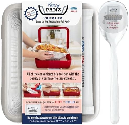 Fancy Panz - White Premium Aluminum Foil Pan Carrier with Lid & Hot/Cold Pack - Elevated Food Serving Tray - Portable Casserole Carrier with Lid - Made in the USA Hosting Essentials