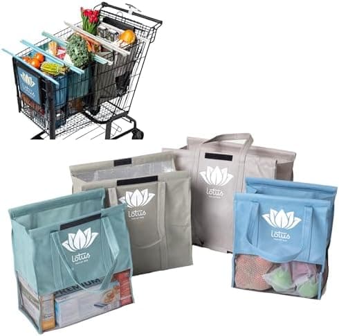 Lotus Earth Tone Trolley Reusable Shopping Bags (4-Pack) – Detachable & Reusable Grocery Bags Foldable with Insulated Grocery Bag & Egg/Wine Holder – Washable Shopping Tote to Save Time & Easy Storage