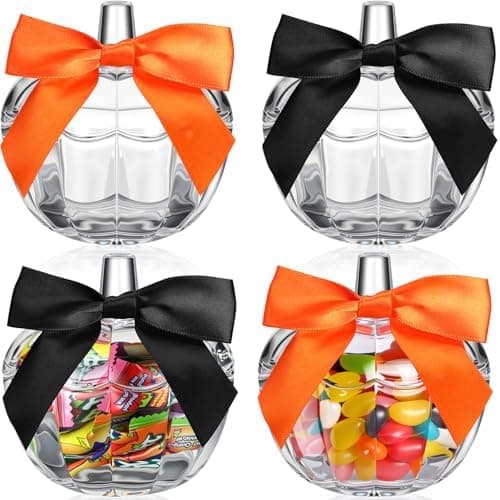 Mimorou 4 Set Glass Jars with Orange Black Bow for Candy Bowl Jars with Cover Transparent Target Glass Dish 6 oz Jewelry Cookie Snack Box for Christmas Home Wedding Gift