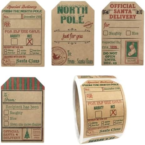Natural Kraft from Santa Claus Gift Tag Stickers – 2 x 3 Inch Holiday Labels, Roll of 100 – Rustic Christmas Tags for Wrapping Presents, Made in The USA
