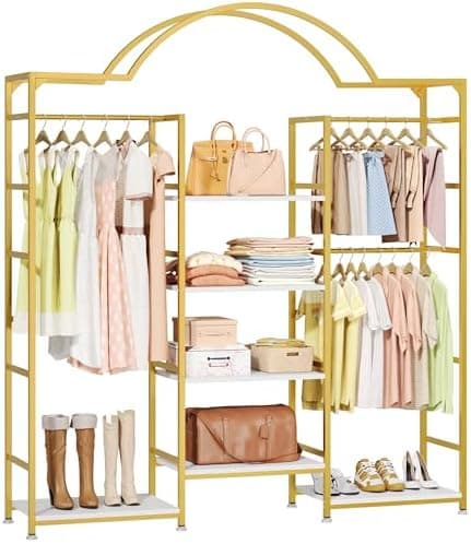 DWVO Heavy Duty Clothes Rack with Storage Shelves, Closet Organizer System for Hanging Clothes, 4-Tier Garment Rack Wardrobe with 3 Hanging Rods and 6 Shelves, Gold
