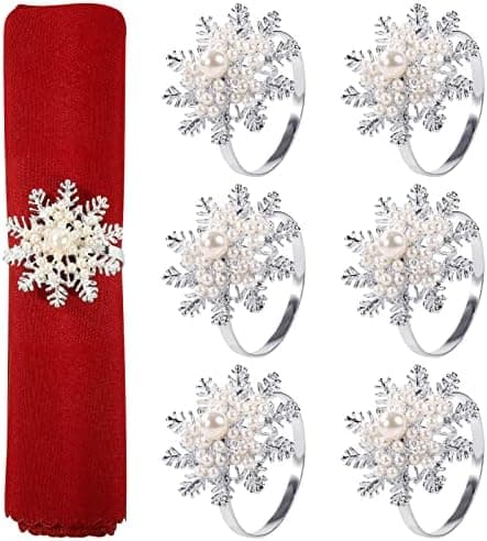 Christmas Napkin Rings- Set of 6 Snowflake with Pearl Napkin Holder Rings Silver Xmas Napkin Buckle for Christmas Holiday Party Dinner Wedding Banquet Dinning Table Settings Decoration