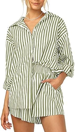 Women’s 2 Piece Outfits Sets Casual Oversized Relaxed Long Sleeve Shirt Loose High Waisted Side Pocket Shorts Set