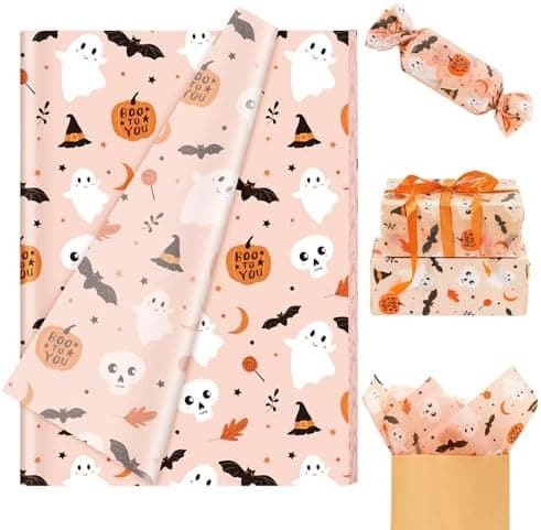 Whaline 60 Sheets Halloween Tissue Paper Cute Pumpkin Ghost Bats Gift Wrapping Paper Orange Boho DIY Art Crafts Tissue for Holiday Birthday Baby Shower, 13.8 x 19.7 Inch