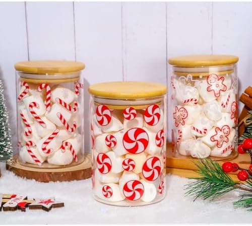 JarThenaAMCS 3Pcs Christmas Glass Storage Jars Red White Candy Cane Gingerbread Man Clear Canisters Sets with Airtight Lid for Xmas Home Kitchen Countertop Decor