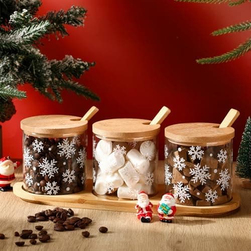 Mimorou 3 Pcs 10 oz Winter Snowflake Glass Jars with Lids and Spoons Candy Condiment Container Bowls with Base for Christmas Goodie Sugar Cookies Treat Storage Hot Cocoa Bar Supplies and Accessories