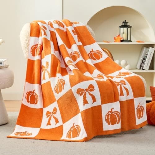 Amélie Home Fall Throw Blanket for Couch Orange White Checkered, Chenille Knit Stitch Plaid Blanket, Autumn Blankets for Sofa Party Home Halloween Decor Gifts, 50" x 60", Pumpkin Bow Checkerboard