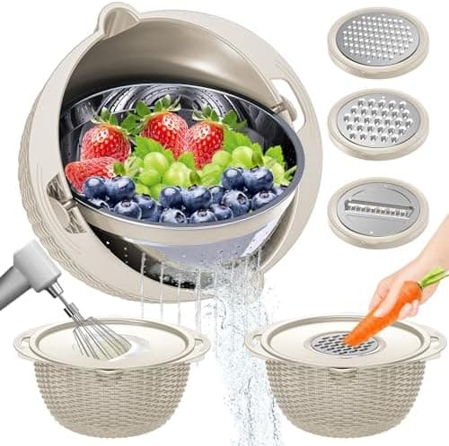 4-1 Colander with Bowl Set - Rotatable Colander for Kitchen (Patented), Upgraded Graters Food Strainers for Pasta Fruits and Vegetables, Funny Presents for Women, Aesthetic Kitchen Gadget - Beige