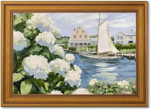 Gold Framed Vintage Coastal Canvas Wall Art, Hydrangea Seascape Painting Picture Wall Decor, Sailboat Seaside Summer Poster Print Artwork, for Living Room,Seaside Cabin, Home Decoration 12x16in