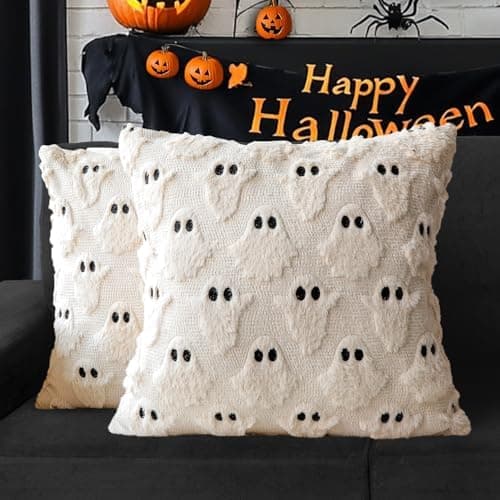 4TH Emotion Halloween Ghost Decorative Pillow Covers 18x18 Set of 2, Beige Soft Plush Faux Fur Farmhouse Throw Cushion Cases for Fall Holiday Home Decorations