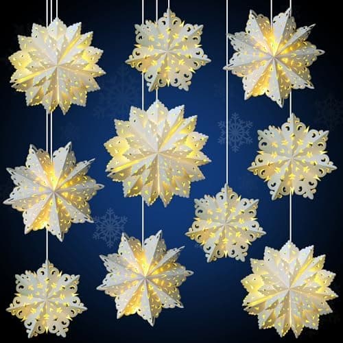 10 PCS Christmas Snowflake Paper Lantern Xmas Paper Star Lantern 13 LED Light Lamp Winter Party Paper Lantern White Snowflake Party Hanging Decoration for Xmas New Year Holiday Party Decoration