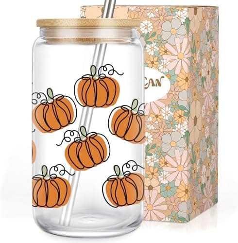 LEADO Fall Pumpkin Cup, Halloween Iced Coffee Tumbler, 16 oz Aesthetic Cute Glass Cups with Lids and Straws, Thanksgiving Tumbler Mug - Fall Gifts, Halloween Boo Basket Gifts for Women, Adults