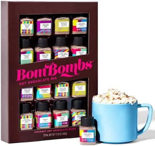 BomBombs, Hot Chocolate Mix Gift Set in Mini Bottles, Flavors Include Rocky Road, Pumpkin Pie, Chocolate Cherry, Peppermint Swirl, Salted Caramel Donut & More, Sampler Set of 16