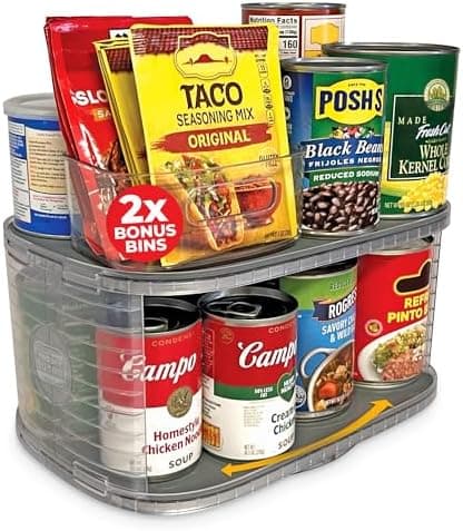 Mighty Susan 2-Tier Lazy Susan Pantry Organizer – Steel Reinforced Turntable for Kitchen Cabinets & Pantry Storage – Heavy-Duty Can Organizer Holds Up to 30 lbs – Rotates 360° – Includes 2 Bonus Bins